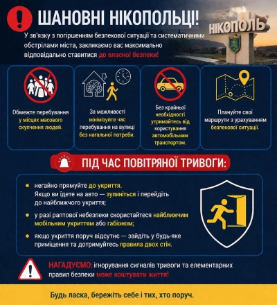 Шановні нікопольці! У зв&rsquo;язку з погіршенням безпекової ситуації та систематичними обстрілами міста, закликаємо вас максимально відповідально ставитися до власної безпеки!